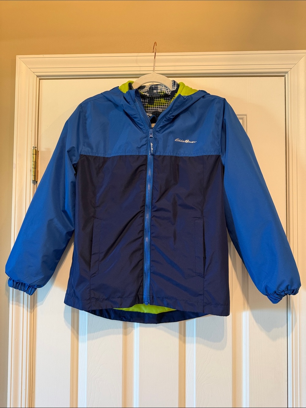 Eddie Bauer Two-Tone Blue Kids Hooded Raincoat with Lime Accent